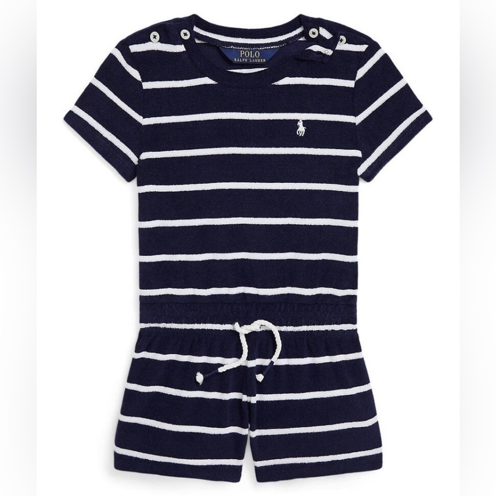 Polo Ralph Lauren Kids Girl Stripe Short Sleeve Romper Playsuit Size 7 Navy